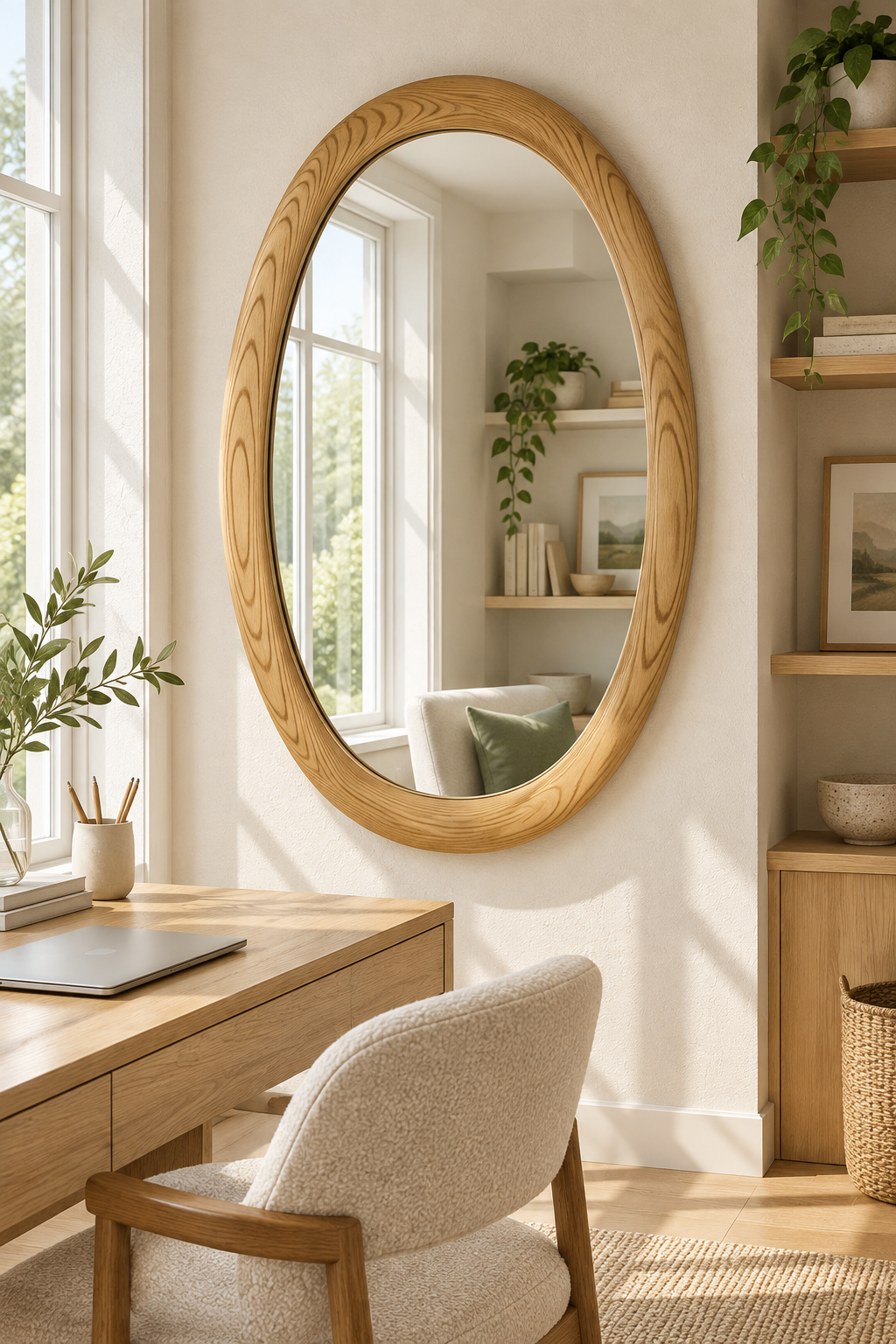 Large Oval Light Wood Wall Mirror – Scandinavian Modern Mirror#Mir59