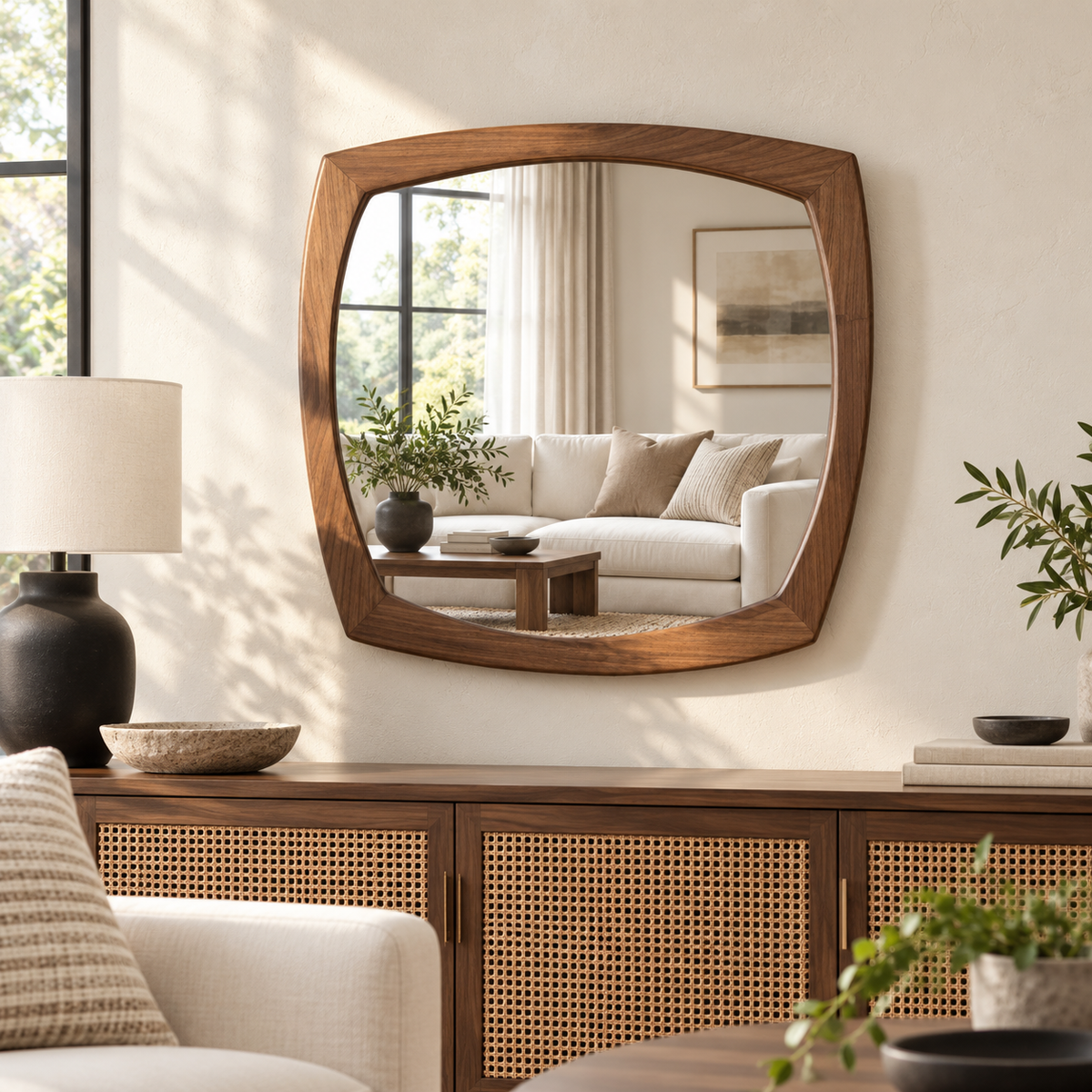 Arden Organic Square Wood Mirror | Rounded Wood Wall Mirror#Mir10