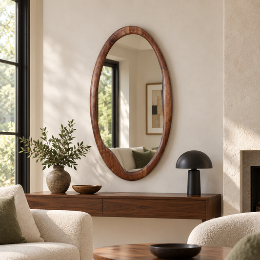 Elara Organic Oval Wood Mirror | Walnut Wall Mirror#Mir11