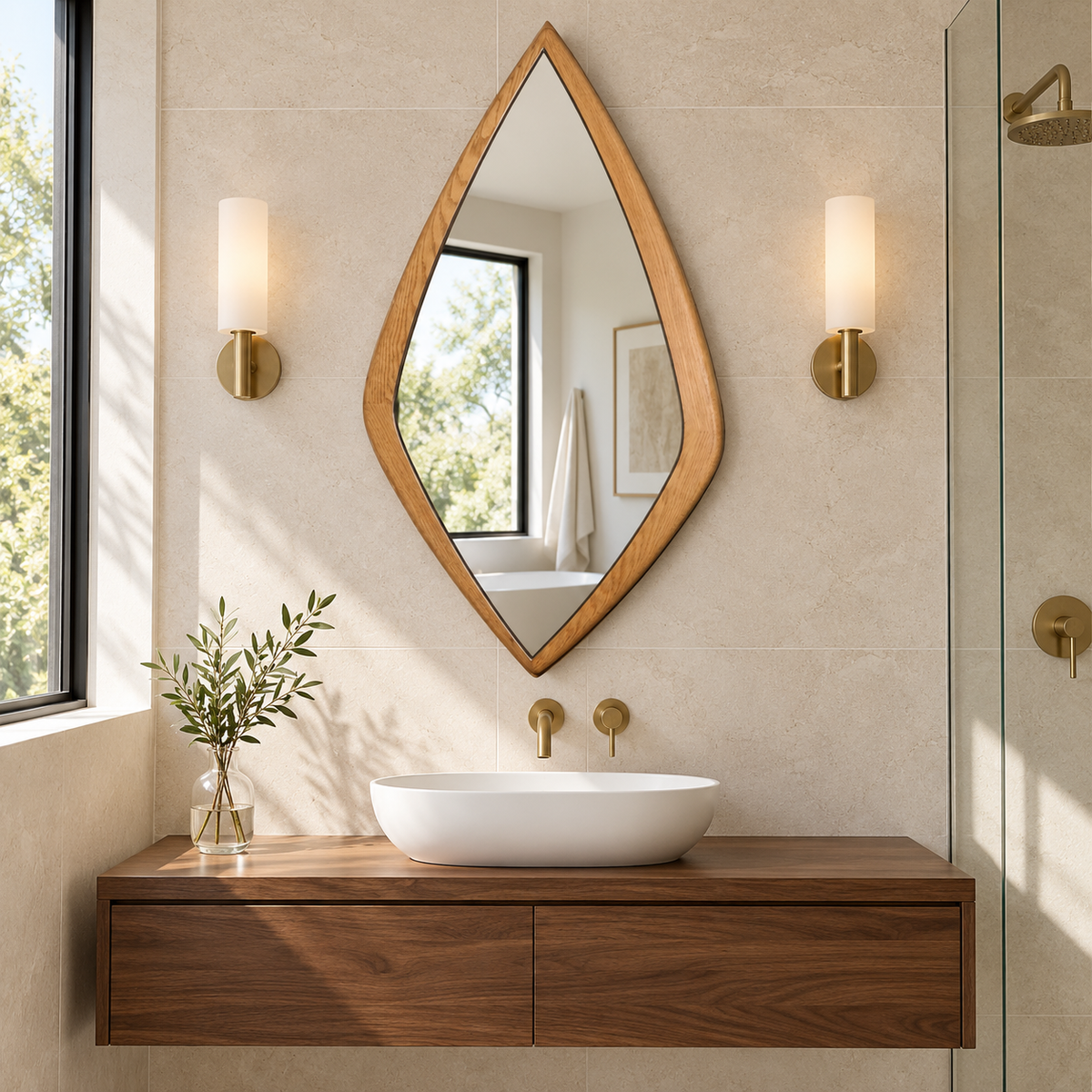 Linden Organic Leaf Wood Mirror | Pointed Wood Frame Wall Mirror#Mir15