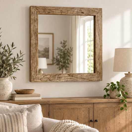 Rustic Square Wall Mirror – Wood-Grain Frame#Mir38