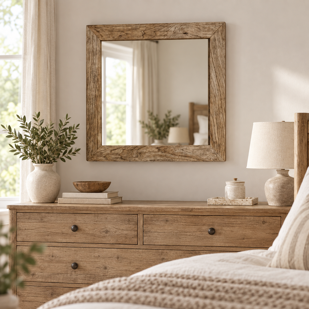 Rustic Square Wall Mirror – Wood-Grain Frame#Mir38