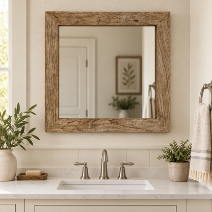 Rustic Square Wall Mirror – Wood-Grain Frame#Mir38