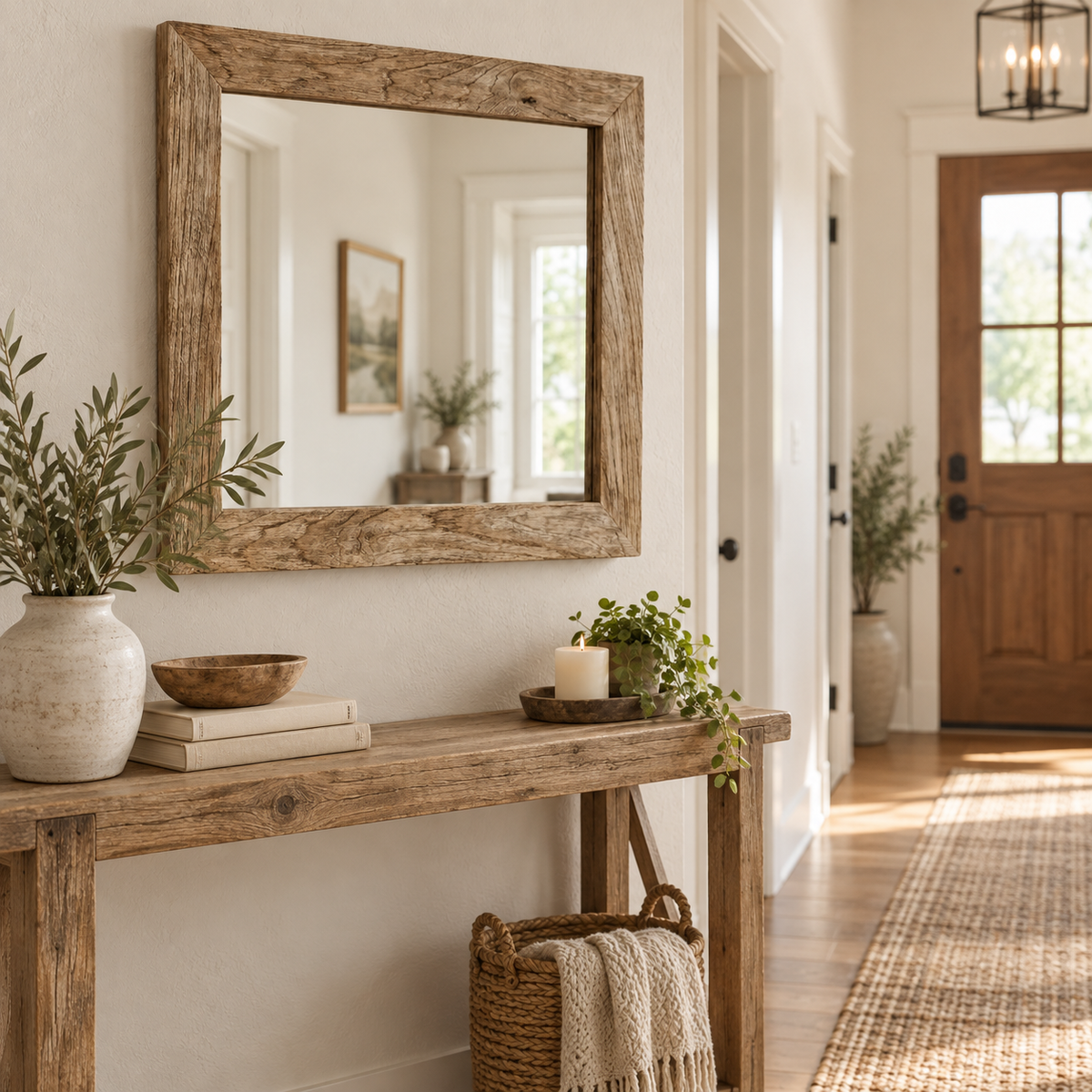 Rustic Square Wall Mirror – Wood-Grain Frame#Mir38