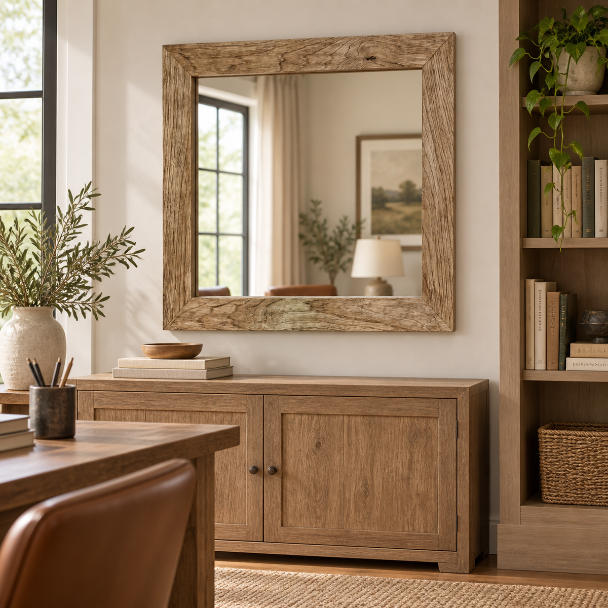 Rustic Square Wall Mirror – Wood-Grain Frame#Mir38