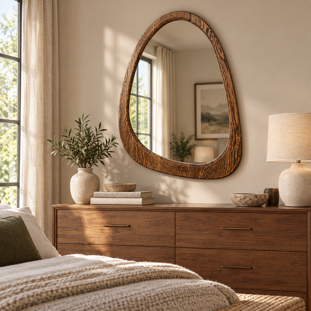 Asymmetrical Wall Mirror – Wood-Grain Frame#Mir39