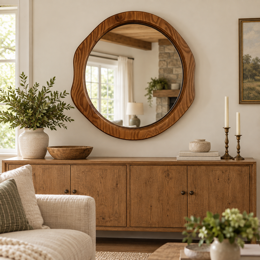 Organic Round Wall Mirror – Wood-Grain Frame#Mir40