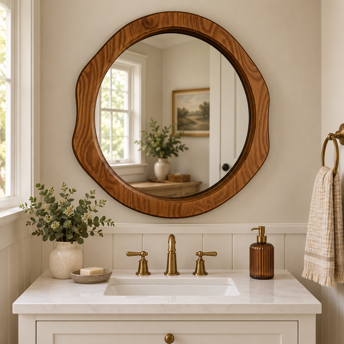 Organic Round Wall Mirror – Wood-Grain Frame#Mir40