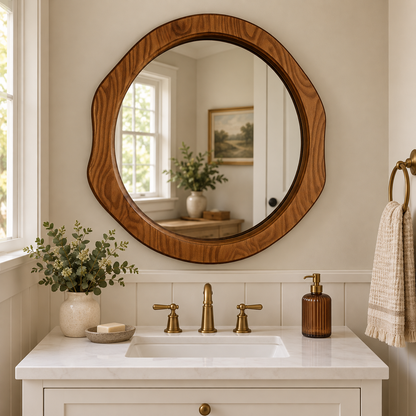 Organic Round Wall Mirror – Wood-Grain Frame#Mir40