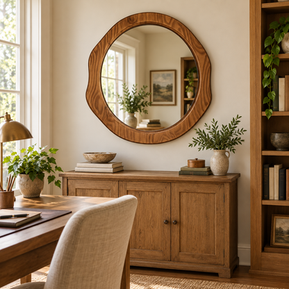 Organic Round Wall Mirror – Wood-Grain Frame#Mir40