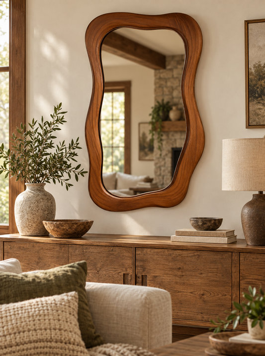 Wavy Rectangular Wall Mirror – Wood-Grain Frame#Mir41