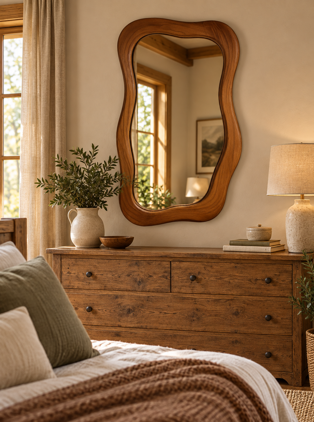 Wavy Rectangular Wall Mirror – Wood-Grain Frame#Mir41
