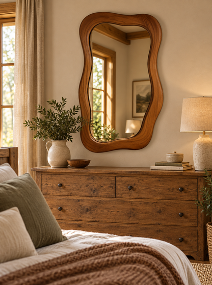 Wavy Rectangular Wall Mirror – Wood-Grain Frame#Mir41