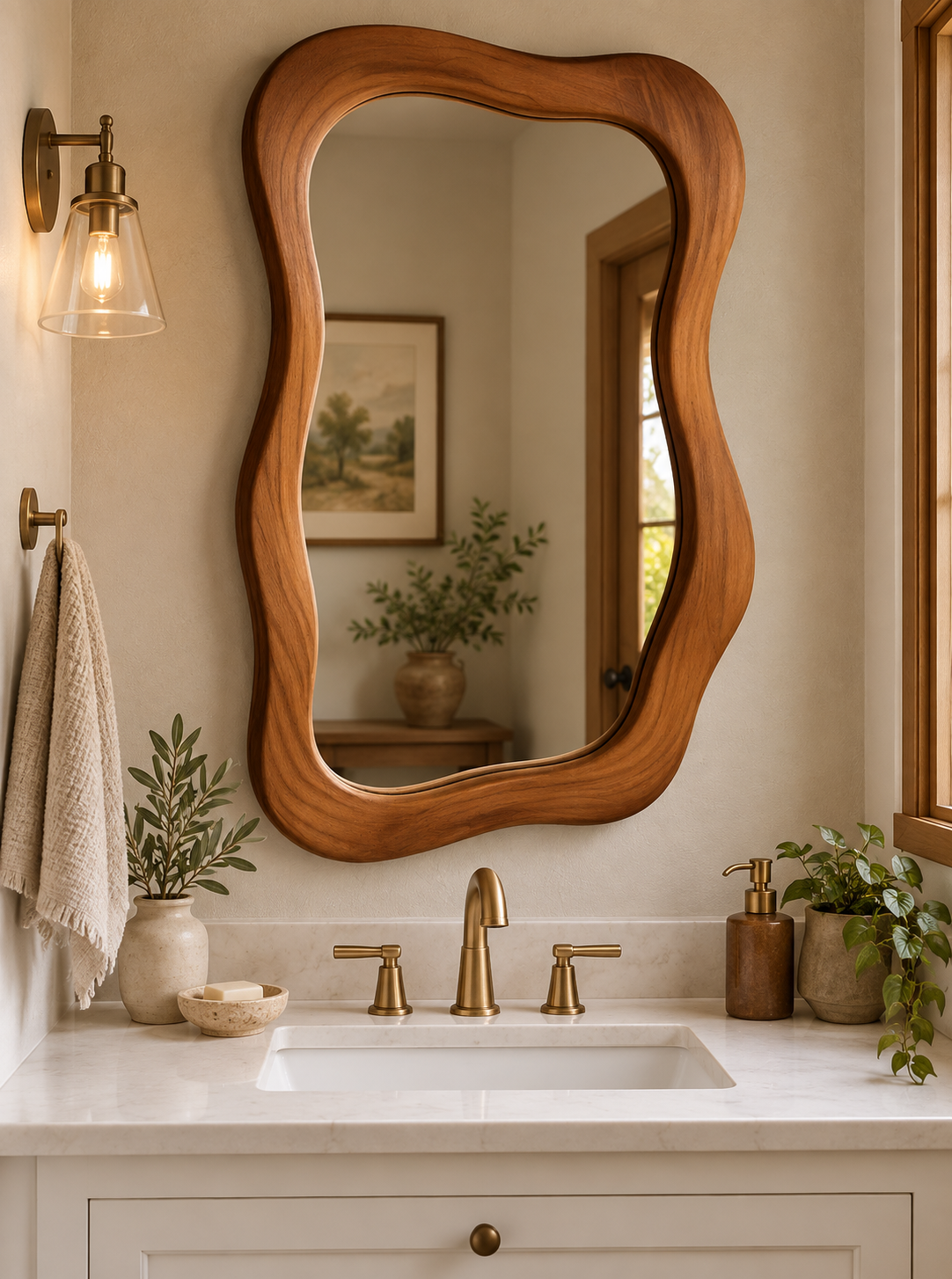 Wavy Rectangular Wall Mirror – Wood-Grain Frame#Mir41