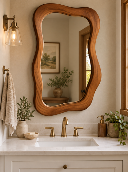 Wavy Rectangular Wall Mirror – Wood-Grain Frame#Mir41