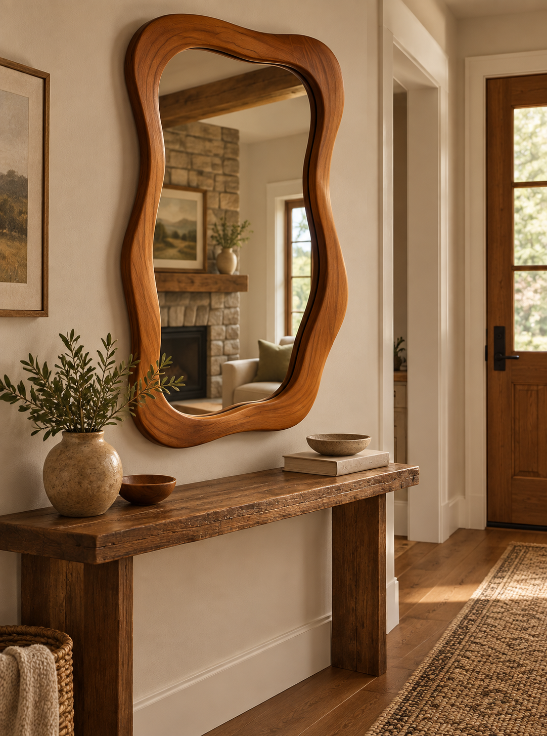 Wavy Rectangular Wall Mirror – Wood-Grain Frame#Mir41
