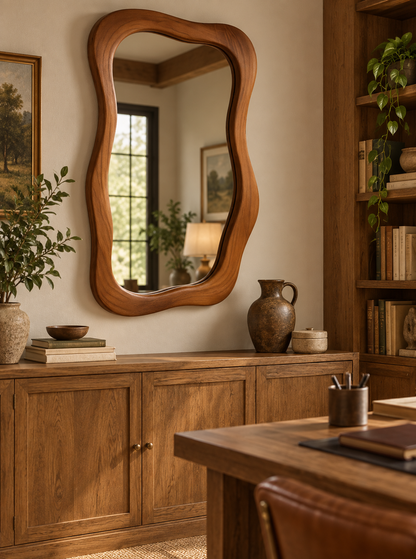 Wavy Rectangular Wall Mirror – Wood-Grain Frame#Mir41