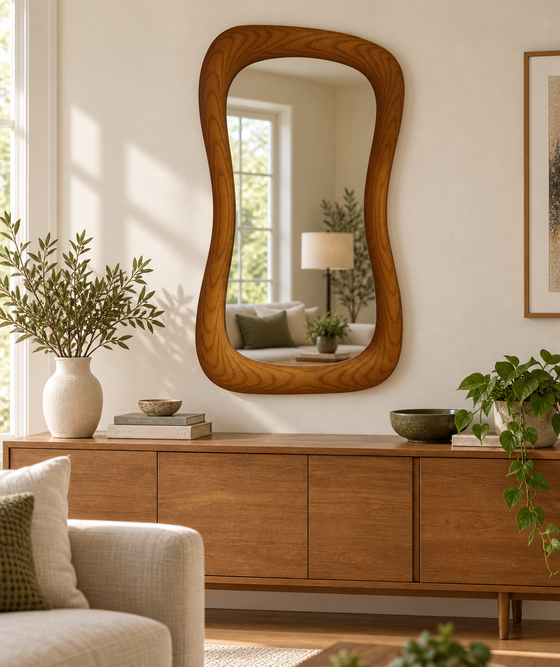 Wavy Wall Mirror – Hourglass Wood-Grain Frame#Mir44