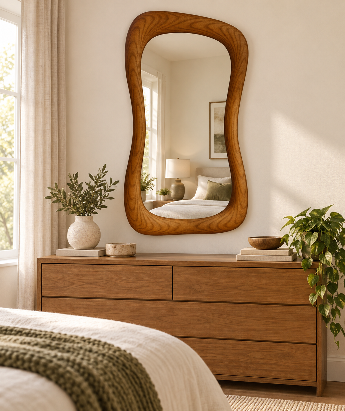 Wavy Wall Mirror – Hourglass Wood-Grain Frame#Mir44