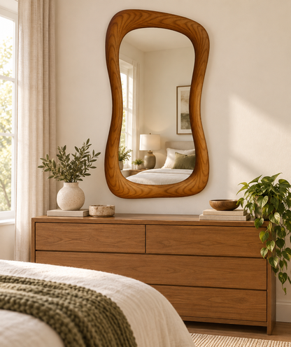 Wavy Wall Mirror – Hourglass Wood-Grain Frame#Mir44