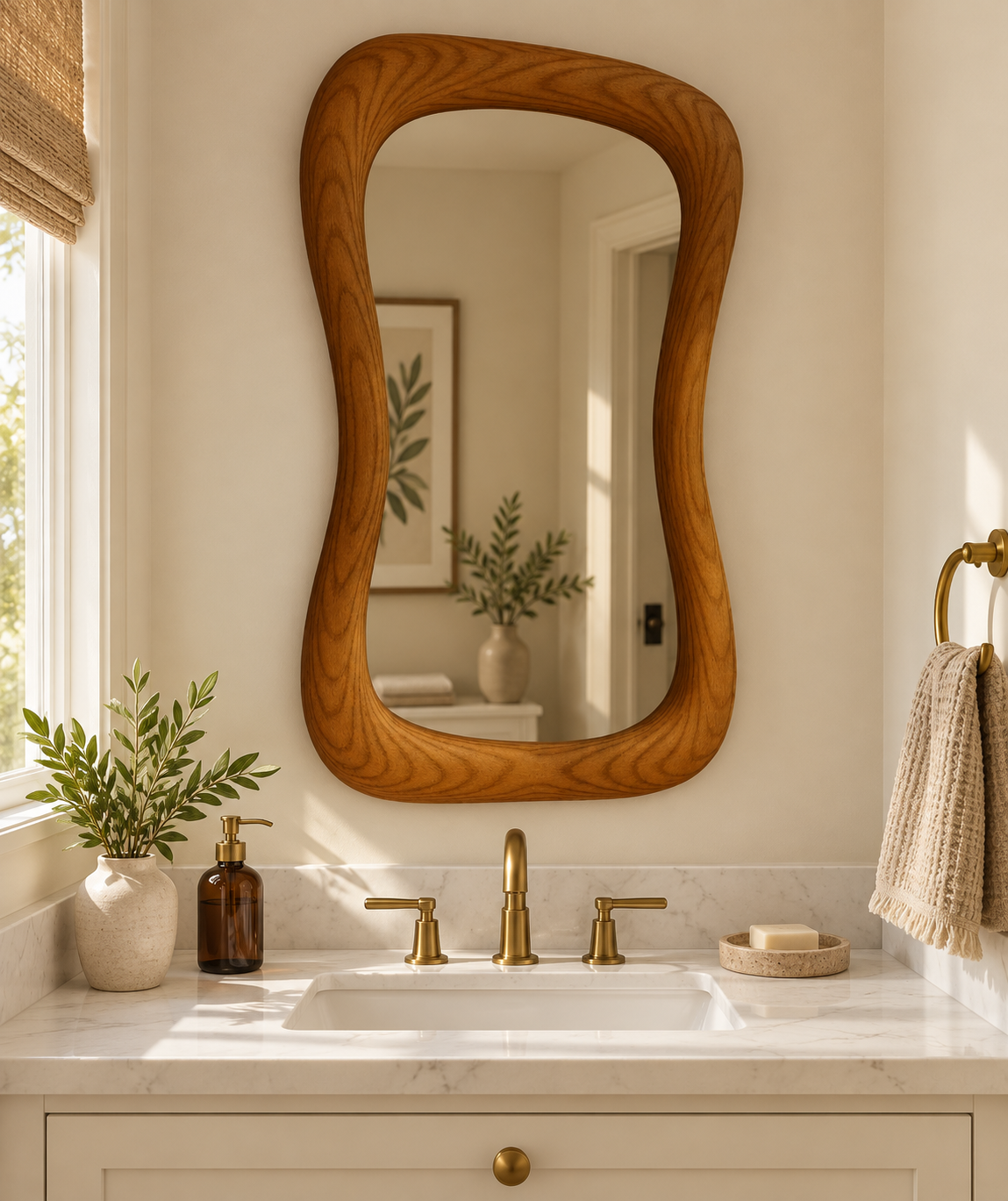 Wavy Wall Mirror – Hourglass Wood-Grain Frame#Mir44