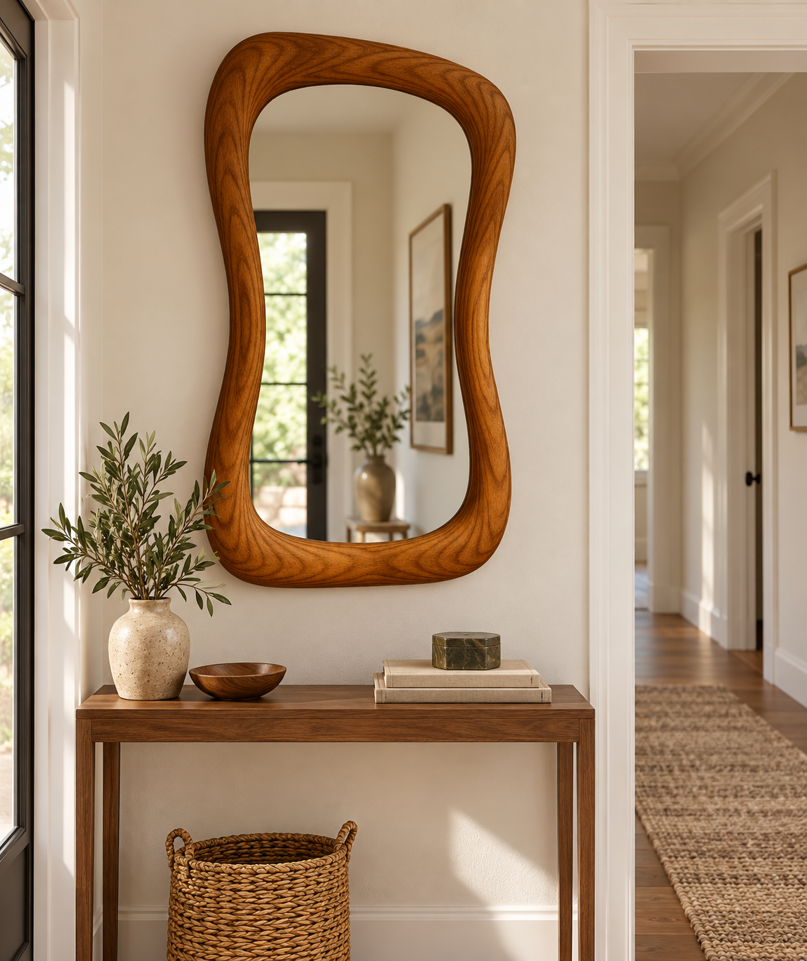 Wavy Wall Mirror – Hourglass Wood-Grain Frame#Mir44