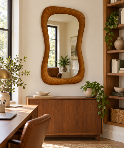 Wavy Wall Mirror – Hourglass Wood-Grain Frame#Mir44