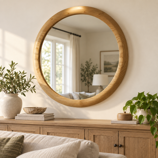 Round Wall Mirror – Light Wood-Grain Frame#Mir45