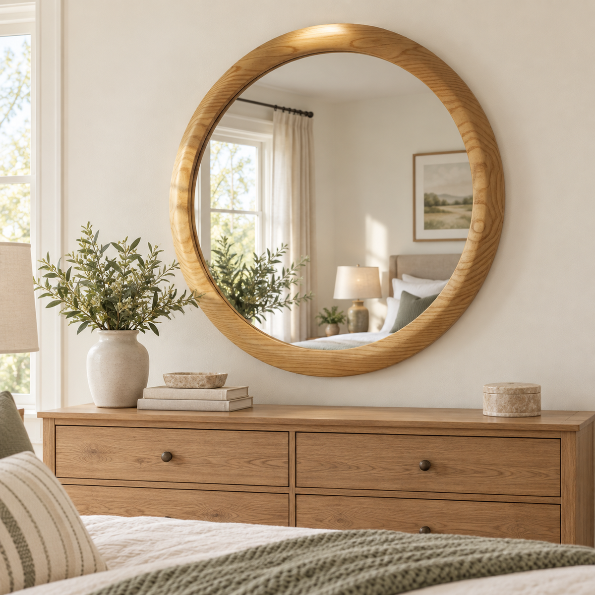 Round Wall Mirror – Light Wood-Grain Frame#Mir45