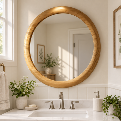 Round Wall Mirror – Light Wood-Grain Frame#Mir45