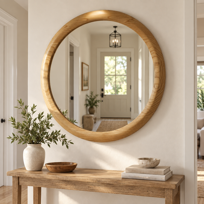 Round Wall Mirror – Light Wood-Grain Frame#Mir45