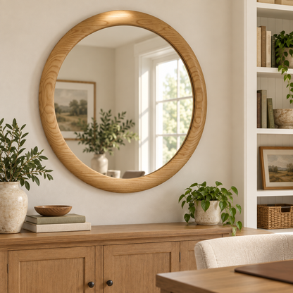 Round Wall Mirror – Light Wood-Grain Frame#Mir45