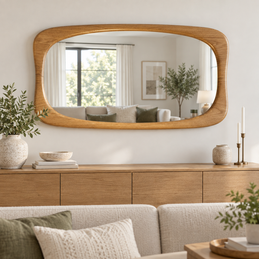 Horizontal Wall Mirror – Rounded Wood-Grain Frame#Mir46