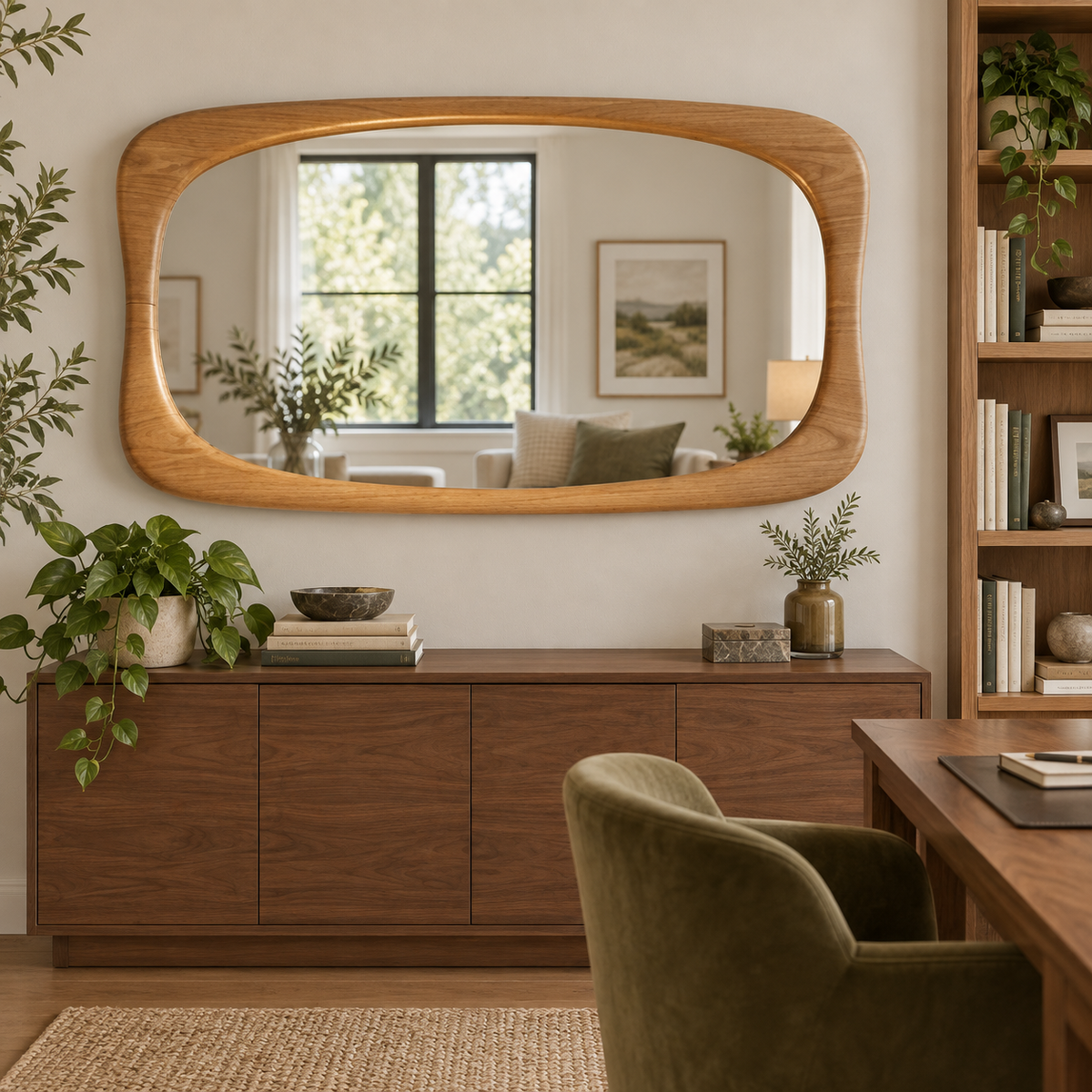 Horizontal Wall Mirror – Rounded Wood-Grain Frame#Mir46