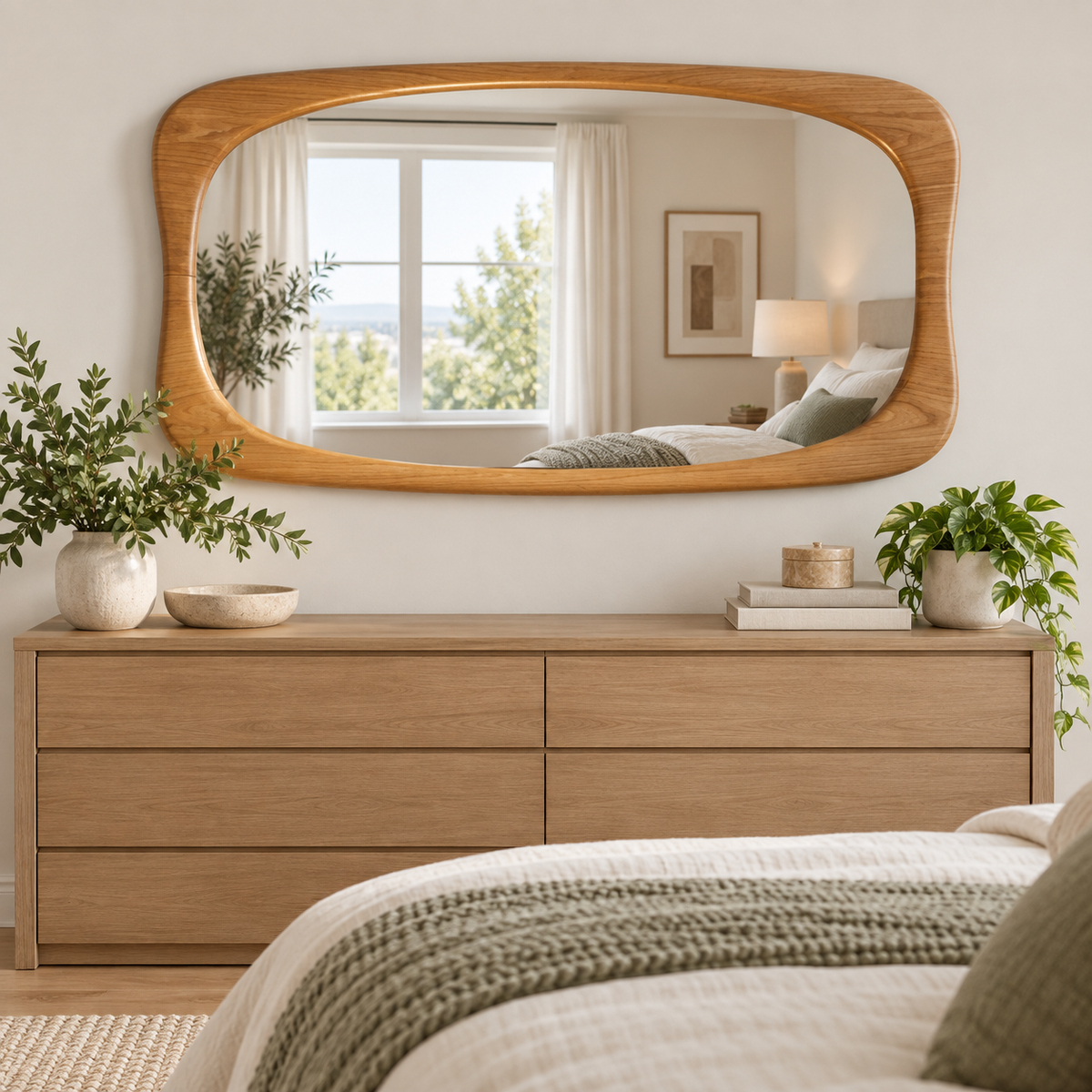 Horizontal Wall Mirror – Rounded Wood-Grain Frame#Mir46