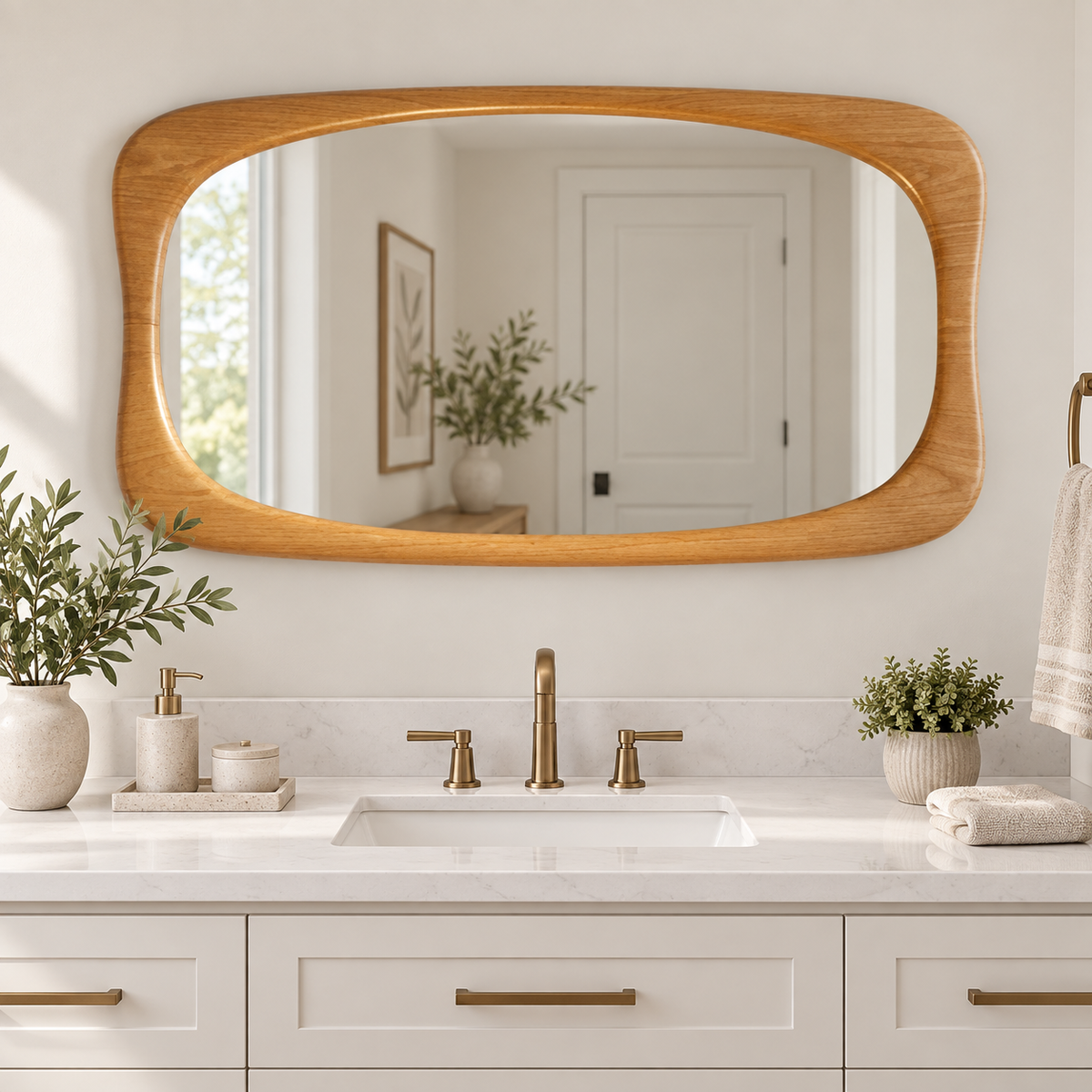 Horizontal Wall Mirror – Rounded Wood-Grain Frame#Mir46