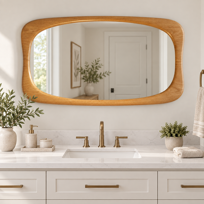 Horizontal Wall Mirror – Rounded Wood-Grain Frame#Mir46