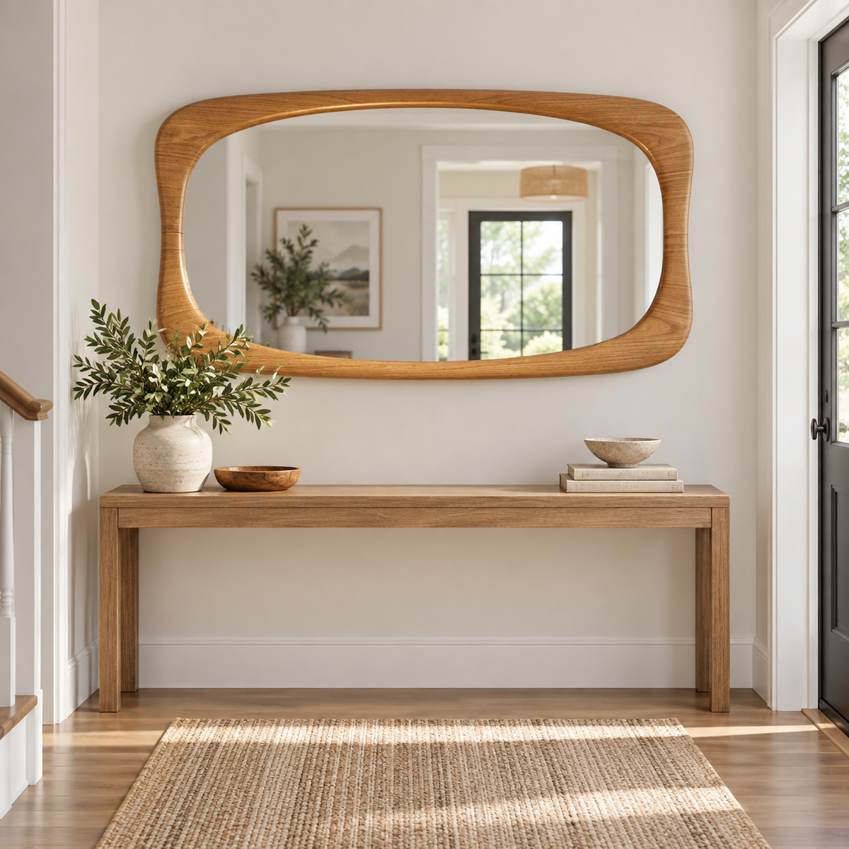 Horizontal Wall Mirror – Rounded Wood-Grain Frame#Mir46