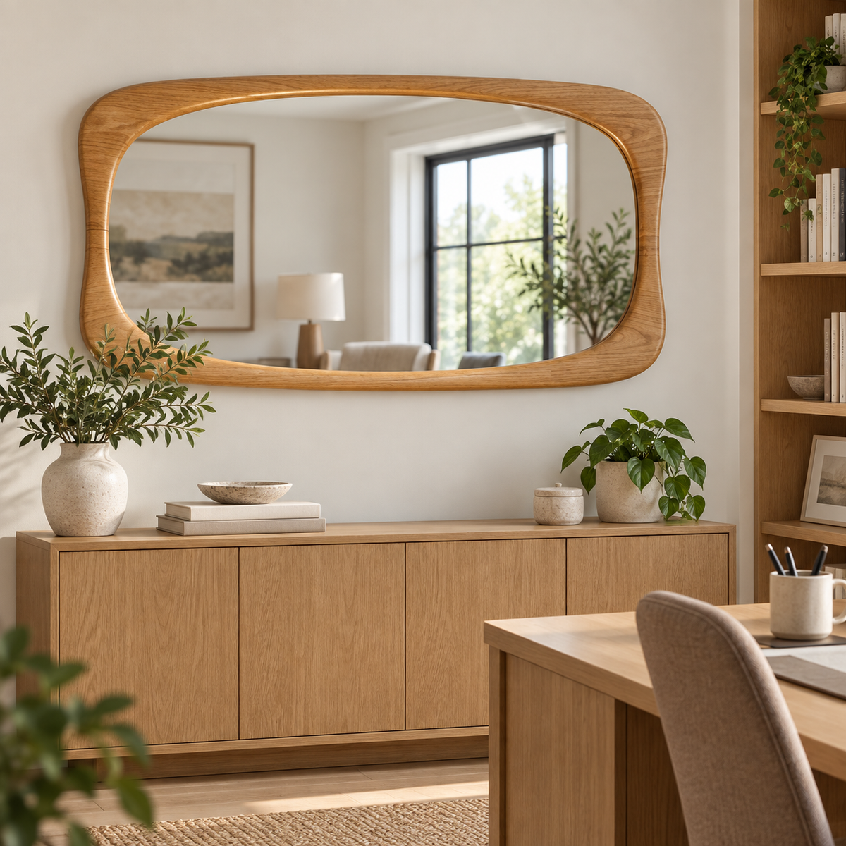 Horizontal Wall Mirror – Rounded Wood-Grain Frame#Mir46