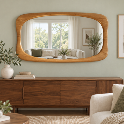 Horizontal Wall Mirror – Rounded Wood-Grain Frame#Mir46