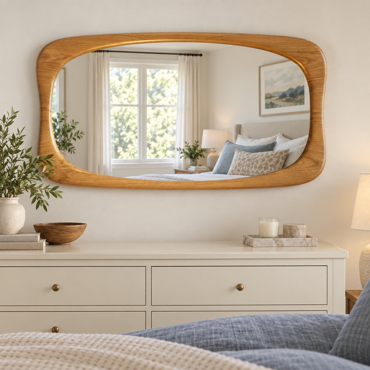 Horizontal Wall Mirror – Rounded Wood-Grain Frame#Mir46