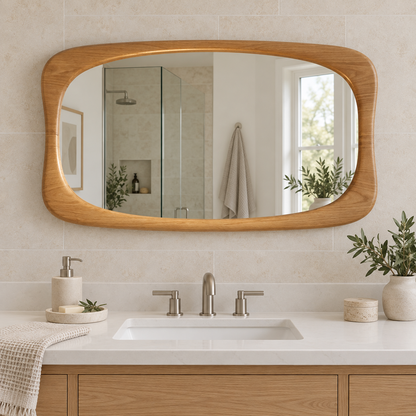 Horizontal Wall Mirror – Rounded Wood-Grain Frame#Mir46