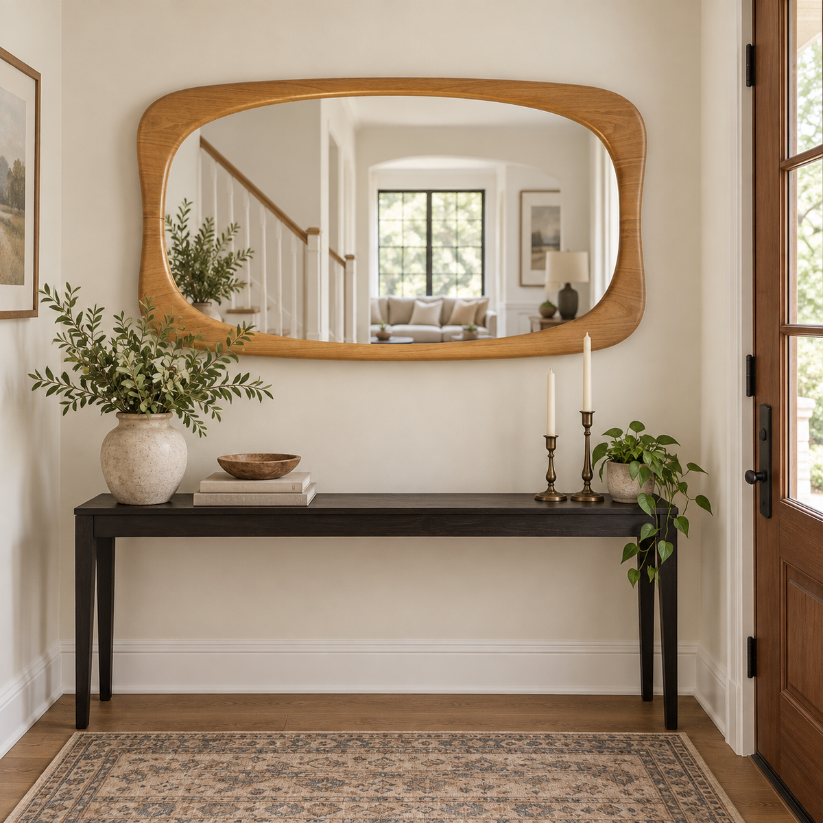 Horizontal Wall Mirror – Rounded Wood-Grain Frame#Mir46