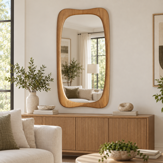Vertical Wall Mirror – Rounded Light Wood-Grain Frame#Mir47
