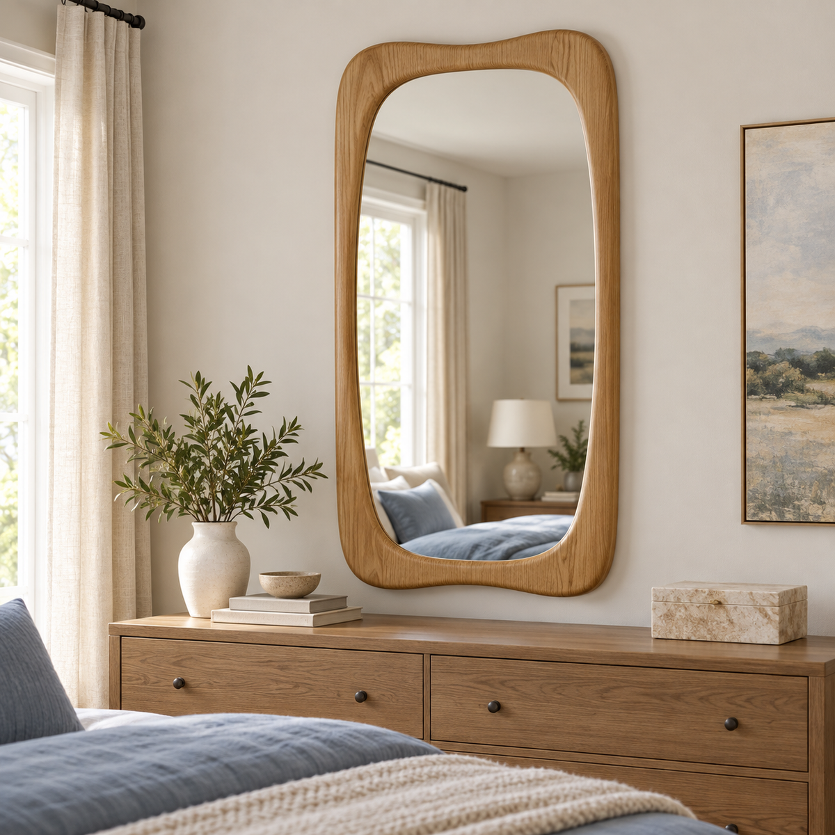 Vertical Wall Mirror – Rounded Light Wood-Grain Frame#Mir47