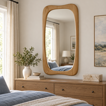 Vertical Wall Mirror – Rounded Light Wood-Grain Frame#Mir47