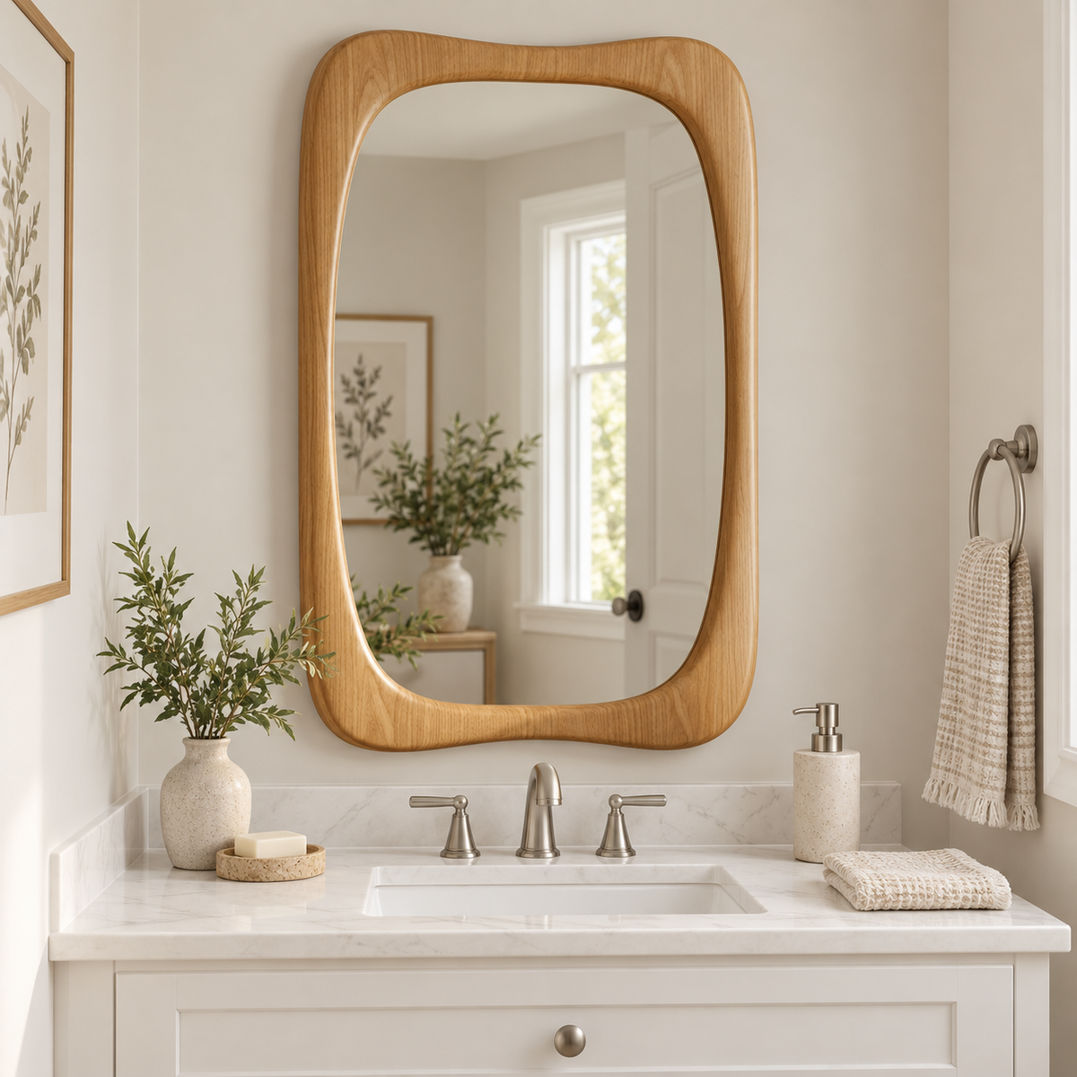 Vertical Wall Mirror – Rounded Light Wood-Grain Frame#Mir47