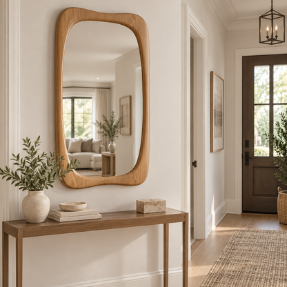 Vertical Wall Mirror – Rounded Light Wood-Grain Frame#Mir47