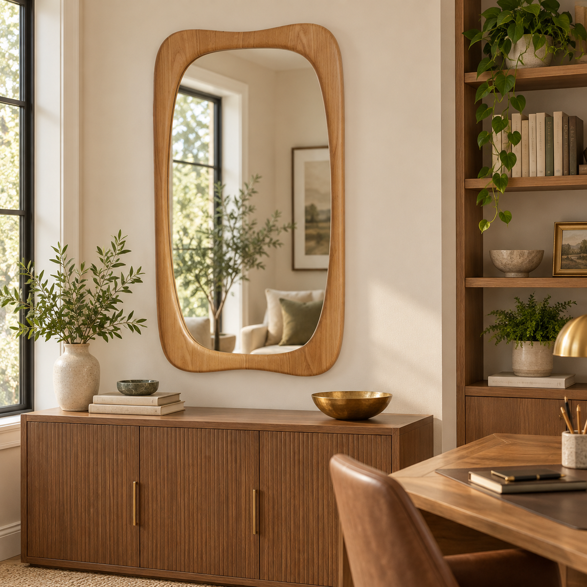 Vertical Wall Mirror – Rounded Light Wood-Grain Frame#Mir47
