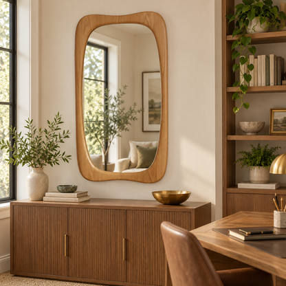 Vertical Wall Mirror – Rounded Light Wood-Grain Frame#Mir47